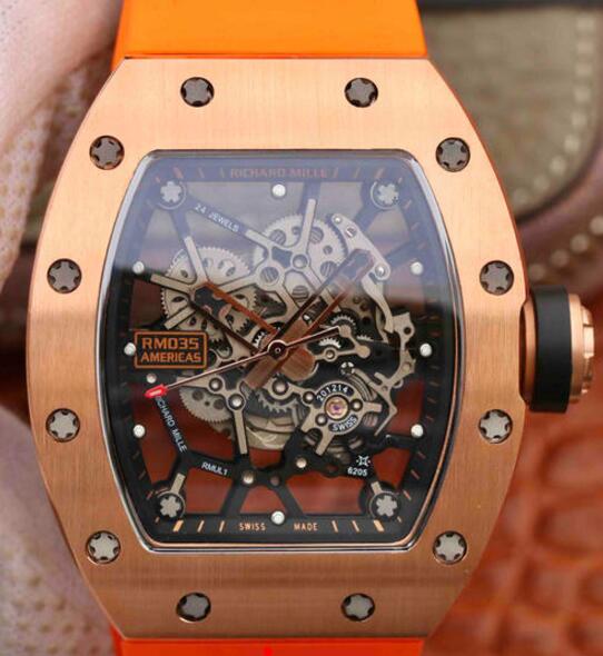 Review Replica Richard Mille RM035 rose gold orange rubber watch price
